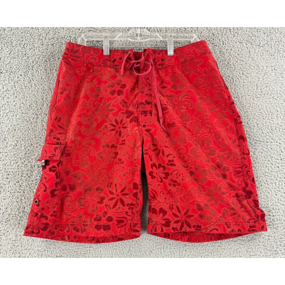 Vintage NSS‎ Board Shorts Mens 34 Red Floral Flocked Hibiscus Cargo Swim Trunks